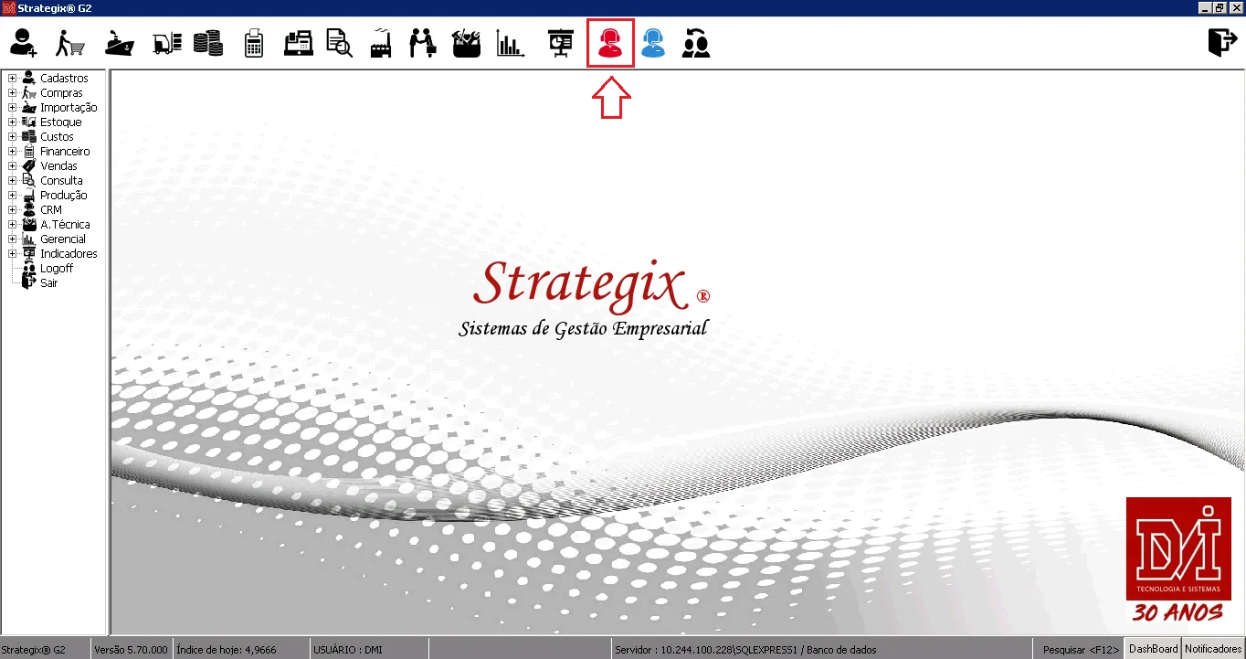 Tela do ERP Strategix com o ícone de acesso ao suporte destacado