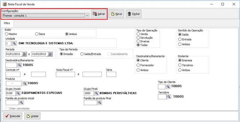 Filtros de uma consulta de notas fiscais de venda no Strategix BI