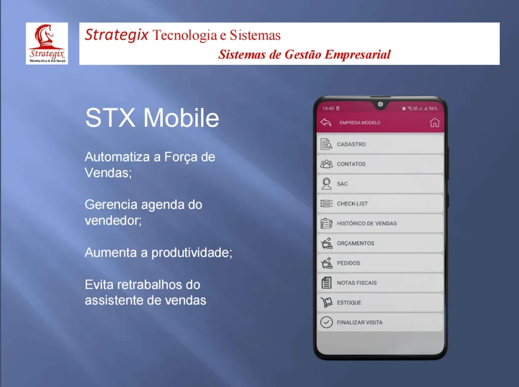 Menu do módulo de Vendas do STX Mobile: cadastro, contatos, SAC, check-list, histórico de vendas, orçamentos, pedidos, notas fiscais, estoque e finalizar visita