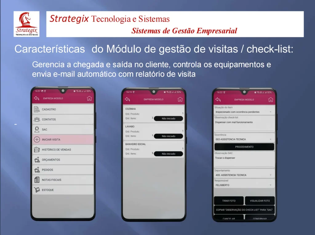 Gestão de visitas e check-list no STX Mobile: início da visita, itens por setor do cliente e registro de ocorrência com foto