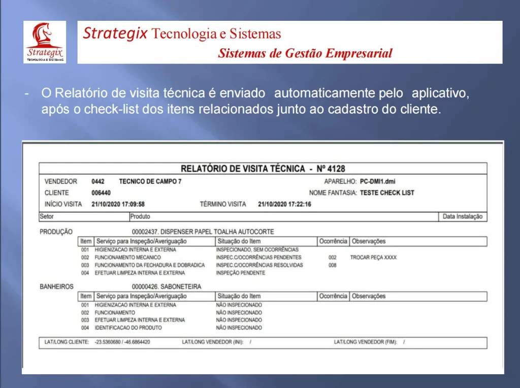 Relatório de visita técnica gerado pelo STX Mobile, com itens inspecionados por setor e ocorrências