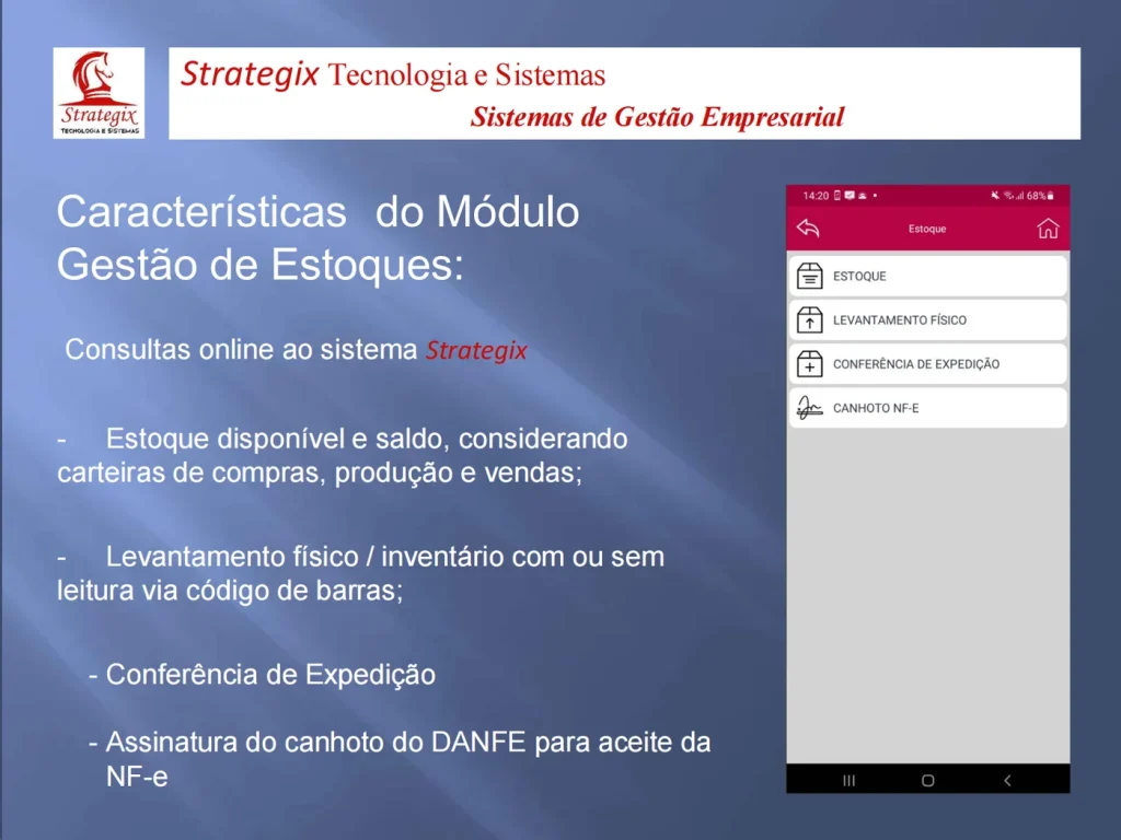 Menu do módulo de Estoque do STX Mobile: estoque, levantamento físico, conferência de expedição e canhoto de NF-e