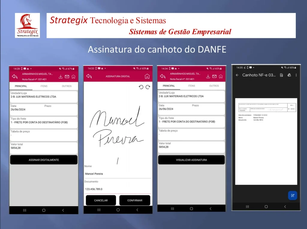 Assinatura digital do canhoto do DANFE no STX Mobile, com a nota fiscal, a assinatura do recebedor e o canhoto em PDF