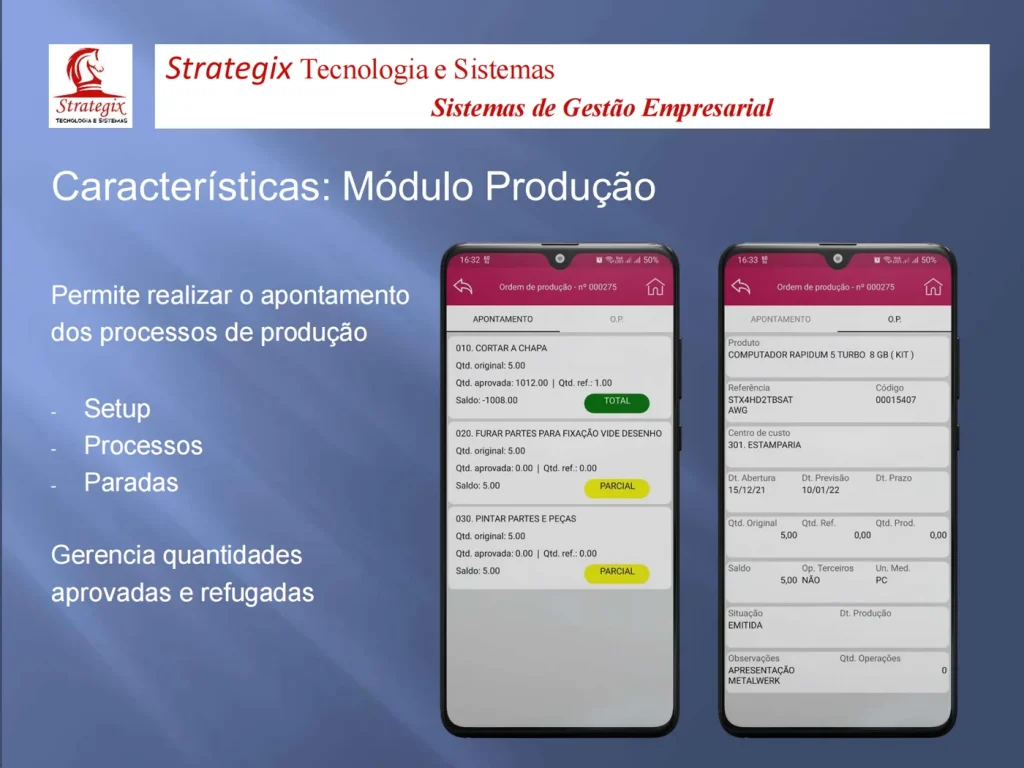Módulo de Produção do STX Mobile: apontamento dos processos da ordem de produção, com quantidades aprovadas e saldo