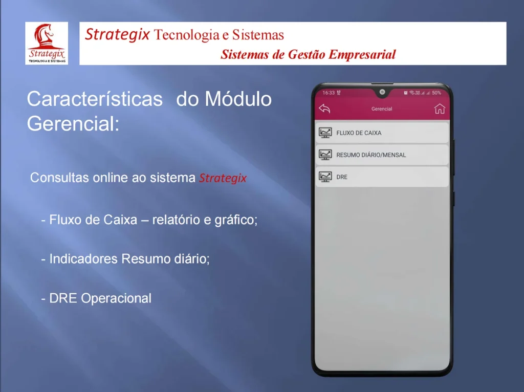Menu do módulo Gerencial do STX Mobile: fluxo de caixa, resumo diário/mensal e DRE