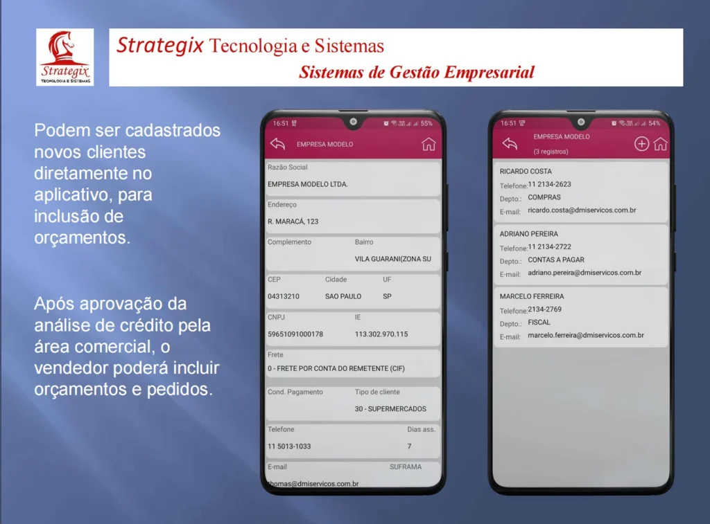 Cadastro de cliente no STX Mobile, com dados fiscais e lista de contatos por departamento