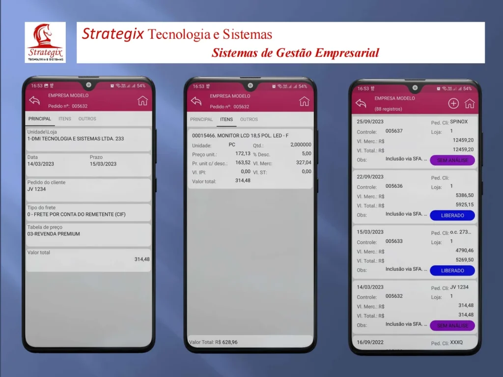 Pedido de venda no STX Mobile: dados principais, itens com preço e desconto e carteira de pedidos com status sem análise e liberado