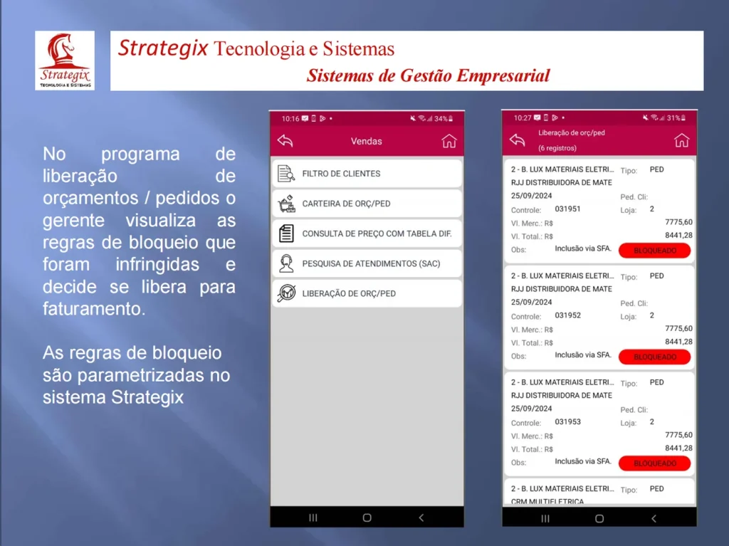 Liberação de orçamentos e pedidos no STX Mobile, com pedidos bloqueados pelas regras comerciais