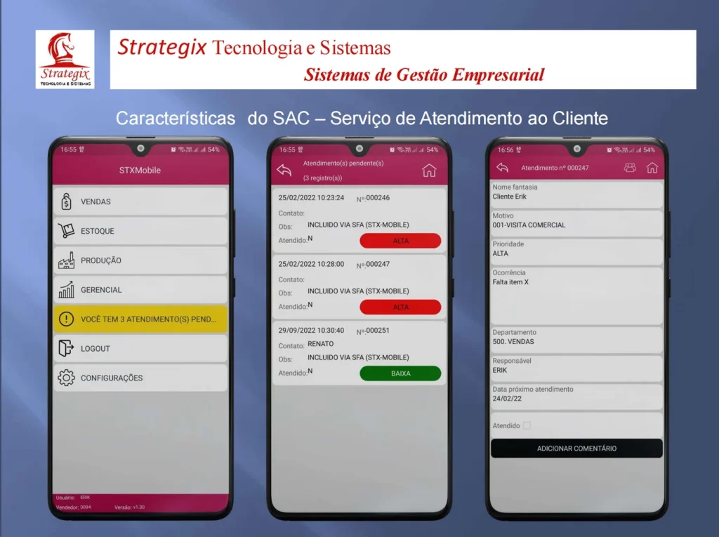 SAC no STX Mobile: aviso de atendimentos pendentes, lista de ocorrências por prioridade e detalhe do atendimento